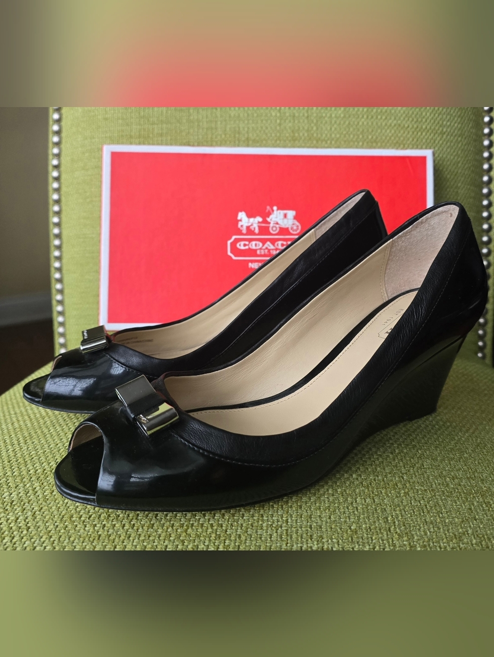 Coach Black Patent Leather Peep-Toe Wedge Pumps with Bow Accent - Picture 6 of 13